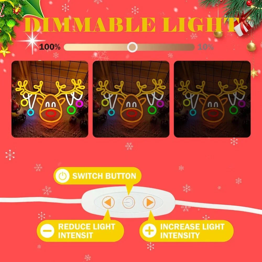 Christmas Reindeer Neon Sign Led Candy Dimmable Light Up Sign for Party Kids